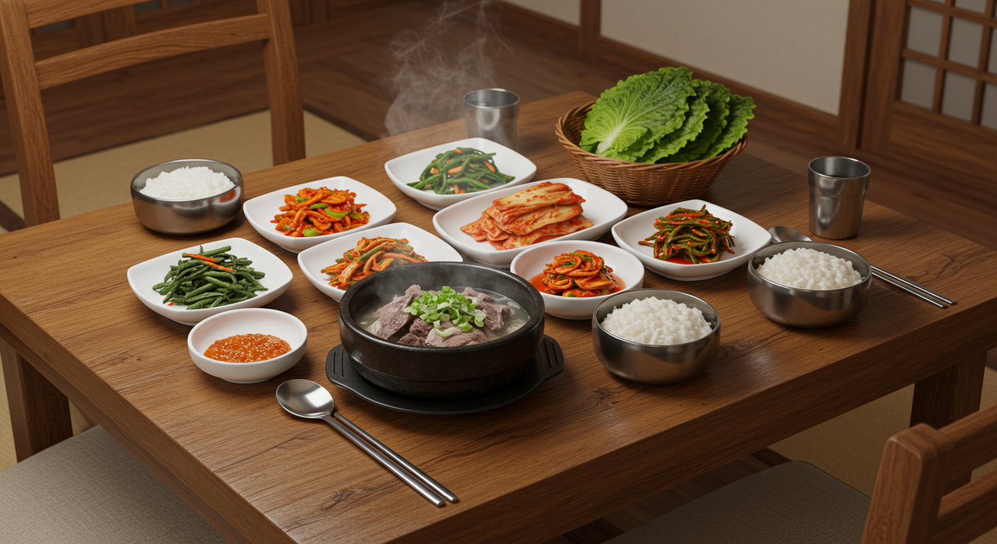 전통적으로 상차림된 개고기 수육과 반찬