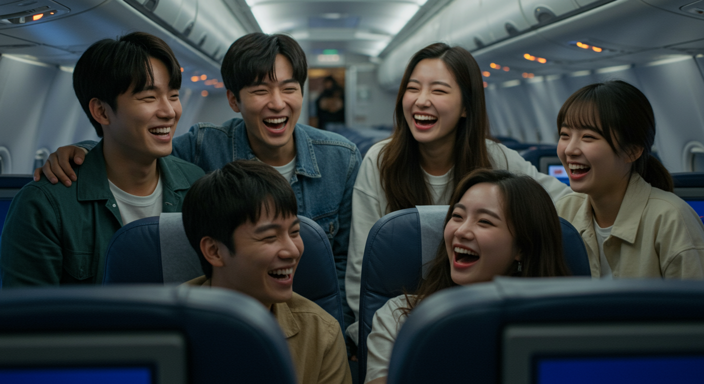 다섯 명의 친구들이 비행기 안에서 첫 해외여행을 즐기는 장면