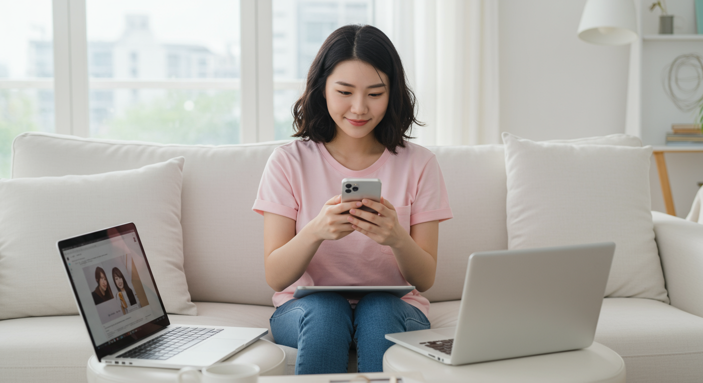 현대적인 공간에서 여러 기기로 소셜 미디어 업데이트를 확인하는 젊은 한국인