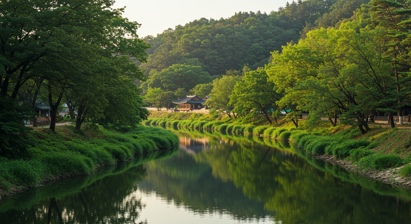 현대적인 남이섬 전경과 강 주변의 평화로운 자연 모습