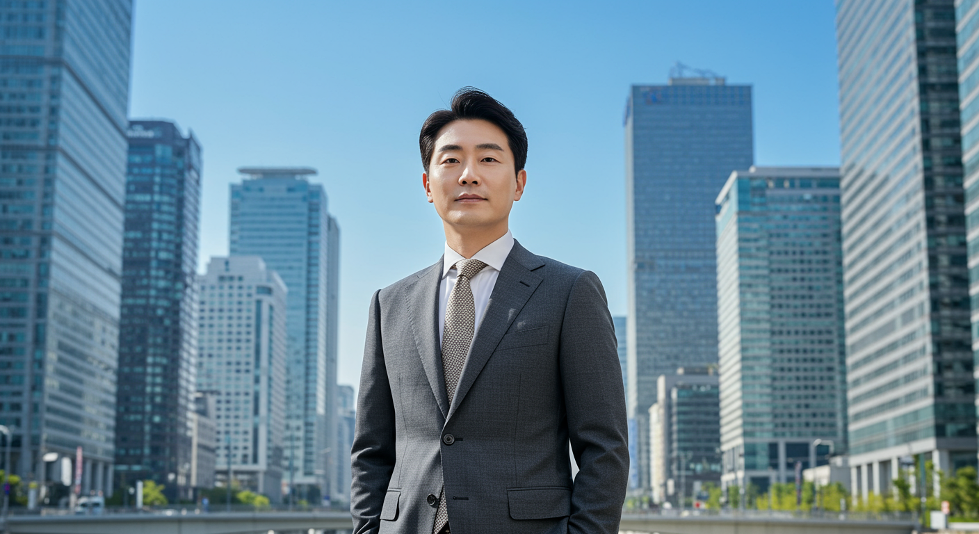 금융 지구 앞에서 정장을 입고 서 있는 저명한 은행가의 초상화