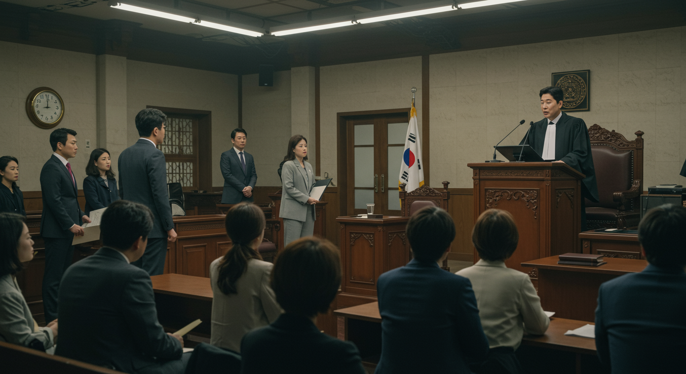 판사가 판결을 내리는 한국 법정에서 변호사들이 증거를 제시하는 장면