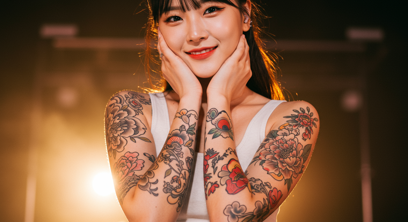 무대 조명 아래서 민소매 의상을 입고 있는 한국 여성 팔에 전략적으로 배치된 타투 클로즈업