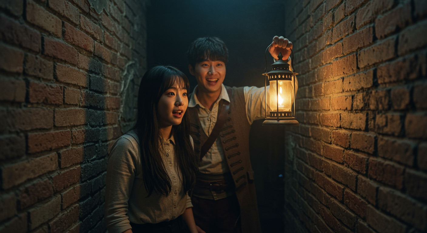 이머시브 극장에서 배우가 관객을 비밀 통로로 안내하는 순간