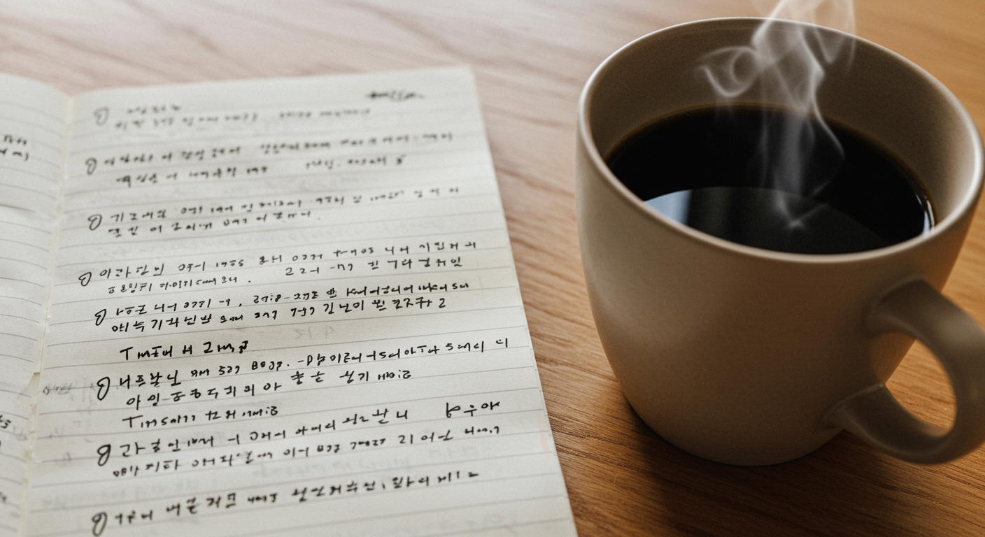 손으로 쓴 노래 가사와 커피잔이 놓인 메모지