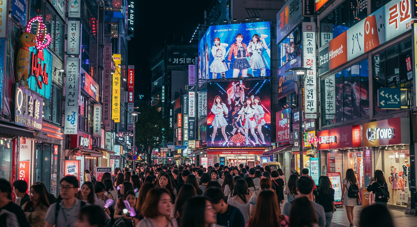 서울 거리에서 J-POP 뮤직비디오가 보이는 전광판과 사람들