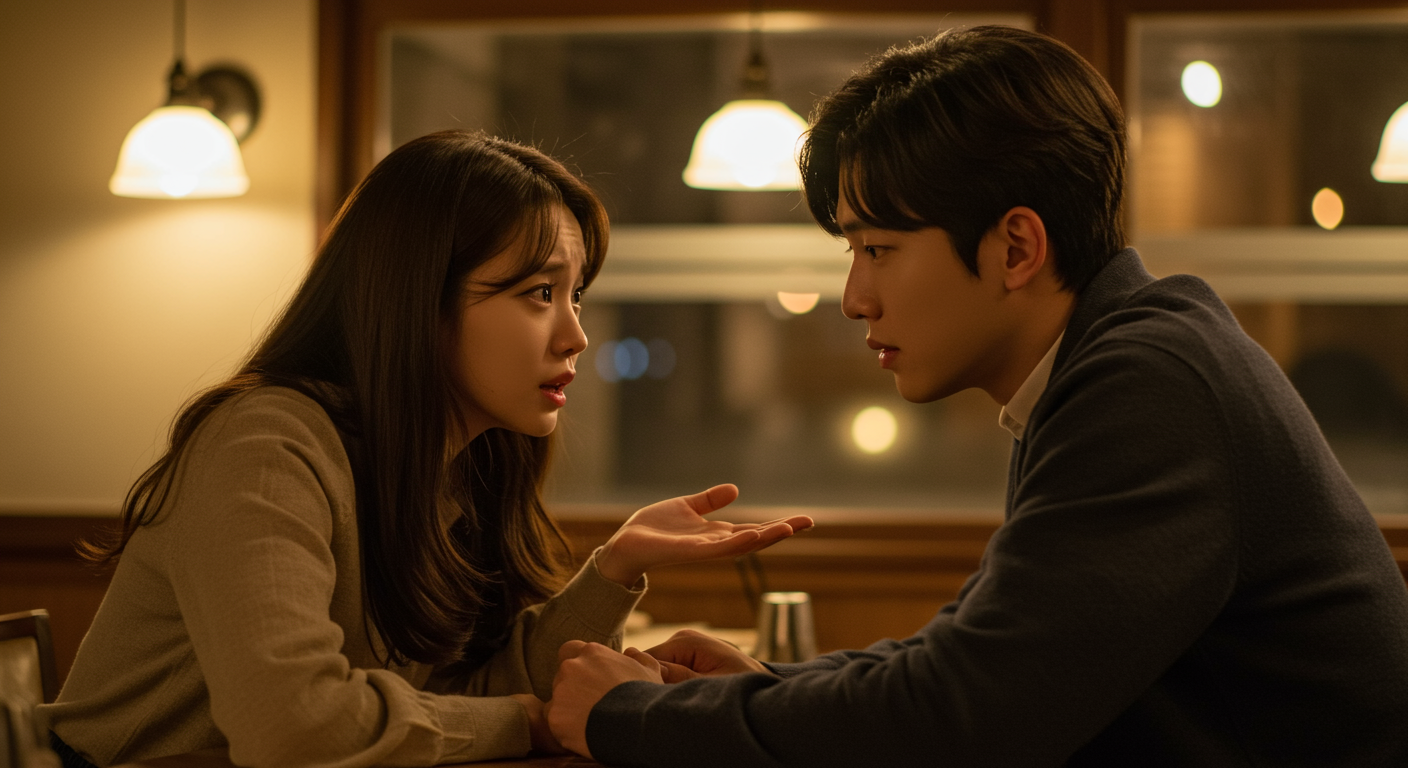 카페에서 깊은 대화를 나누며 복잡한 감정을 드러내는 젊은 커플