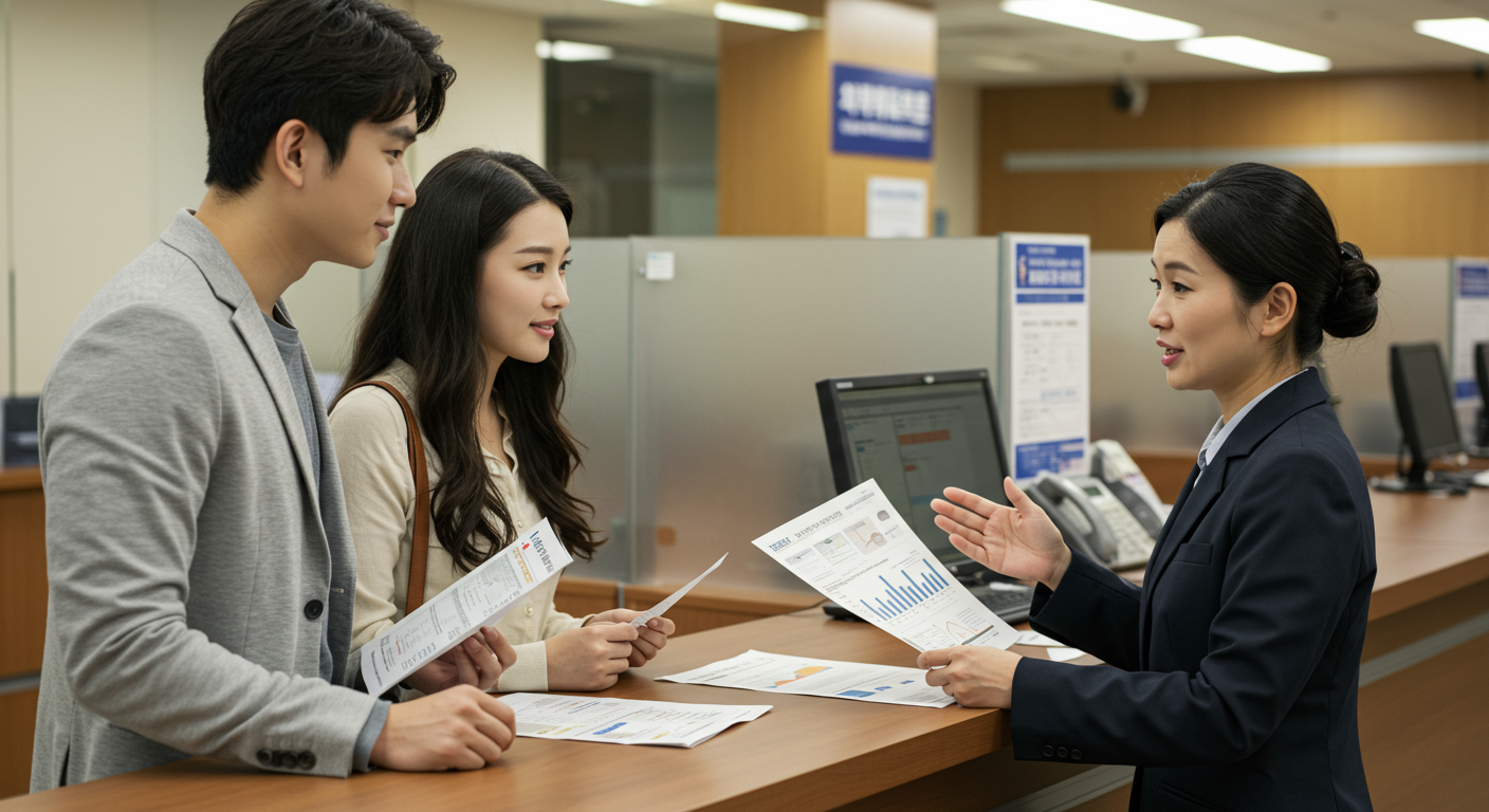 은행 창구에서 화폐를 교환하며 재정 상담사가 브로셔와 차트를 사용하여 위험성을 설명하는 젊은 커플