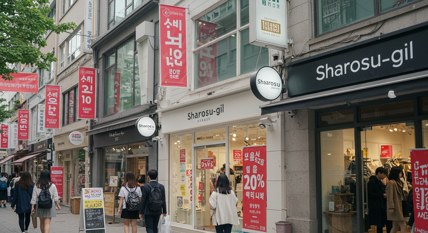 특별 할인 사인이 걸린 트렌디한 매장과 독점적인 상품을 탐색하는 쇼핑객들