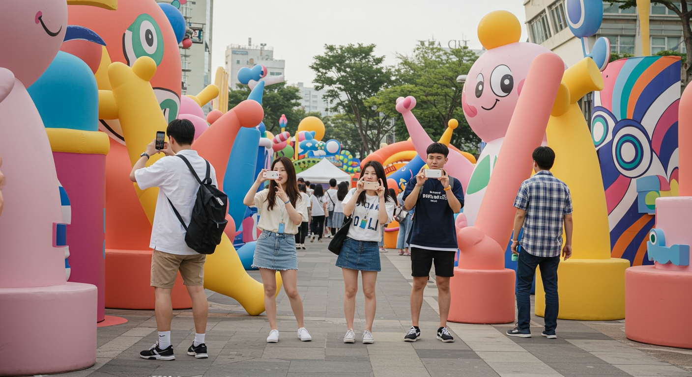 다채로운 포토존에서 소셜 미디어용 사진을 찍는 젊은이들의 모습