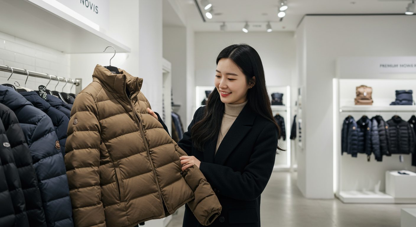 현대적인 옷가게에서 노비스 다운 재킷을 살펴보는 여성