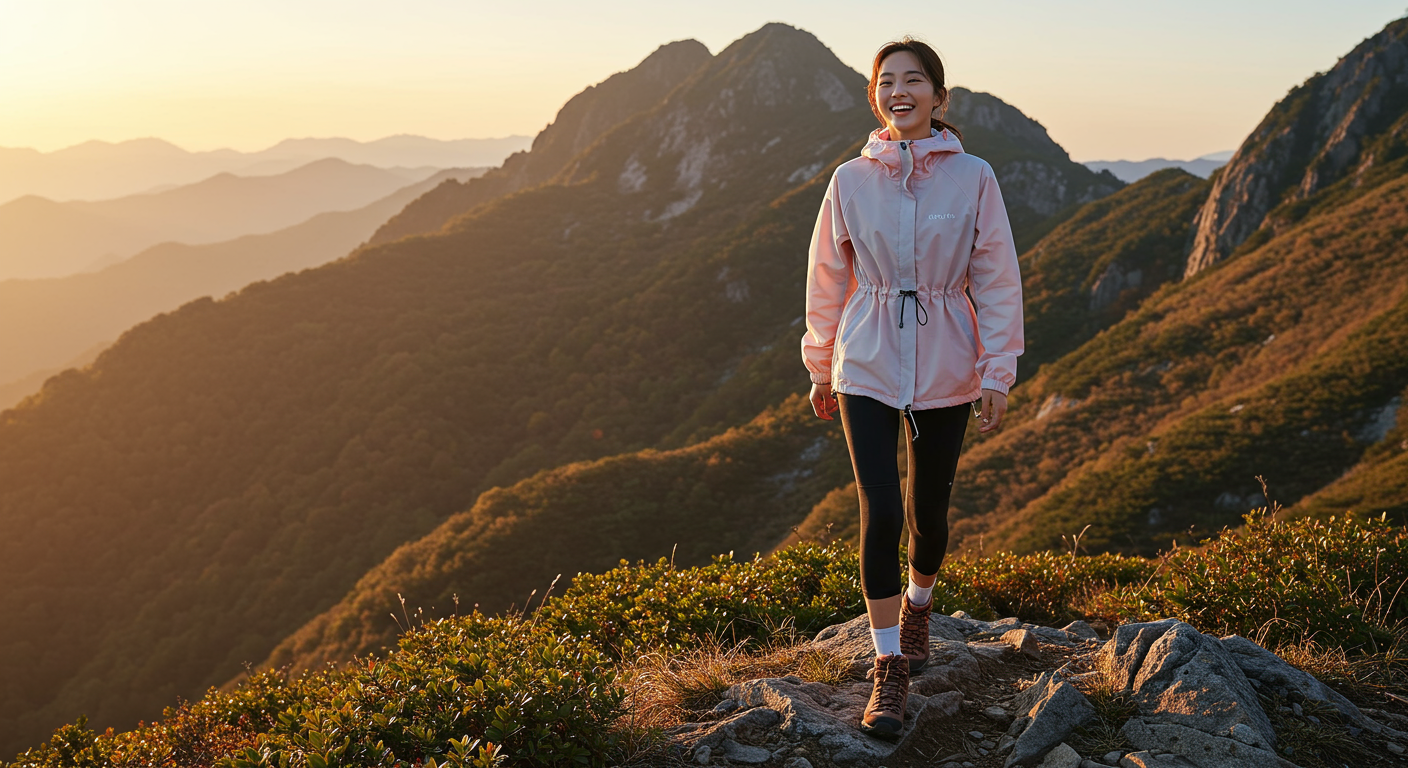 산에서 여유로운 핏의 노비스 아우라 재킷을 입고 하이킹하는 여성