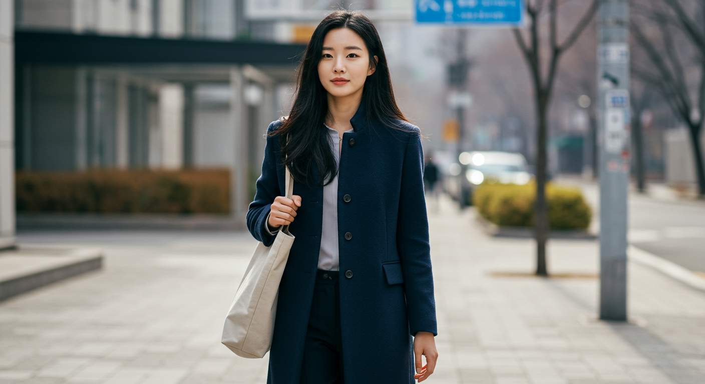 서울에서 비즈니스 복장에 노비스 아우라 코트를 매치한 직장 여성의 출근 모습