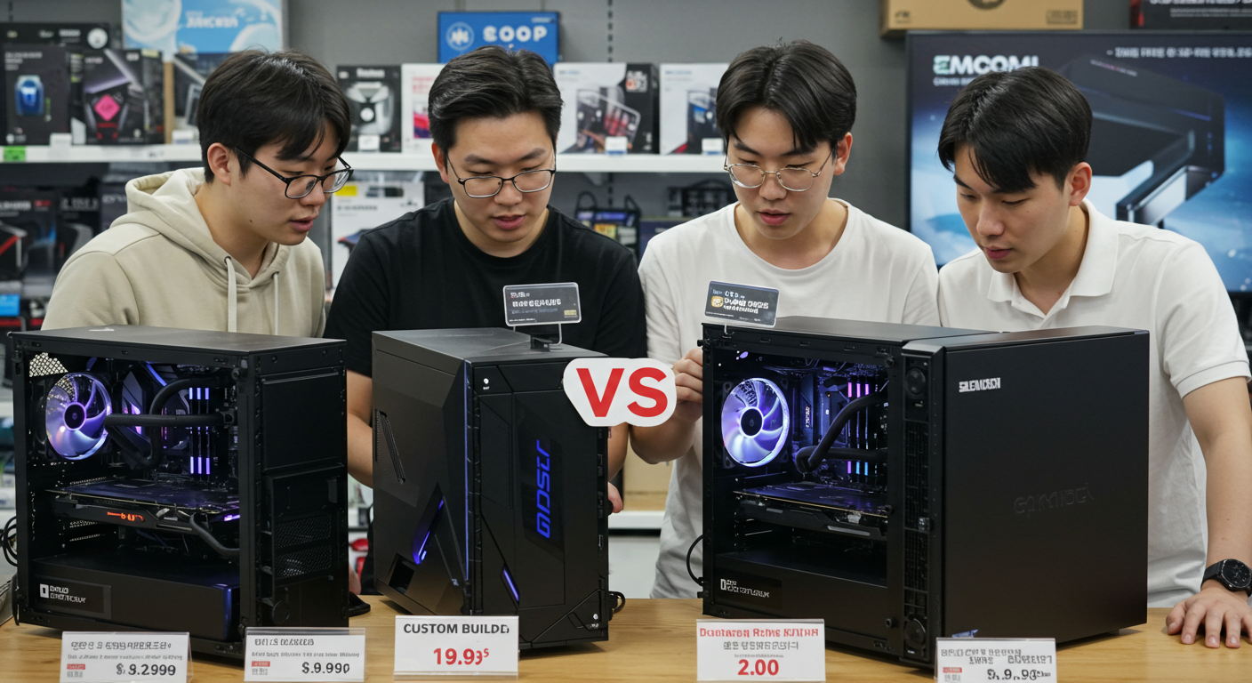 커스텀과 브랜드 PC를 나란히 비교하며 가격 차이를 분석하는 모습