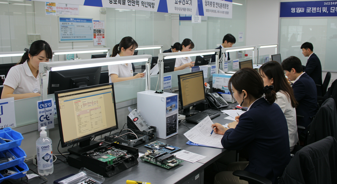 고객 서비스 데스크에서 컴퓨터 부품 보증 관련 문제를 처리하는 장면