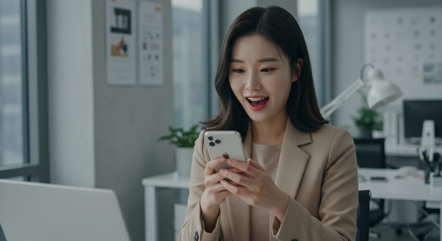 사무실에서 새 아이폰을 보며 기뻐하는 여성의 모습