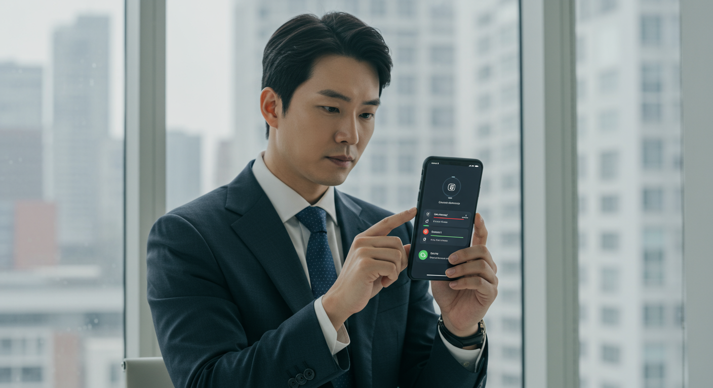아이폰으로 AI 기반 음성-텍스트 변환을 사용하는 비즈니스맨