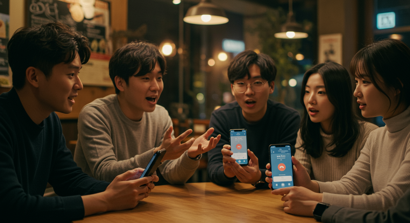 카페에서 아이폰 통화녹음에 대해 토론하는 젊은 직장인들