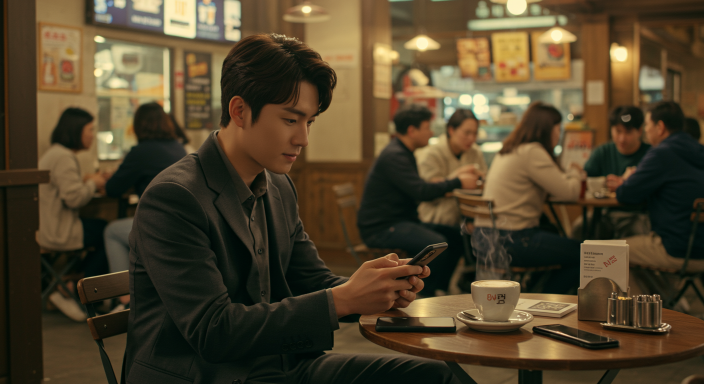 서울 카페에서 스마트폰으로 넷플릭스를 시청하는 직장인의 일상