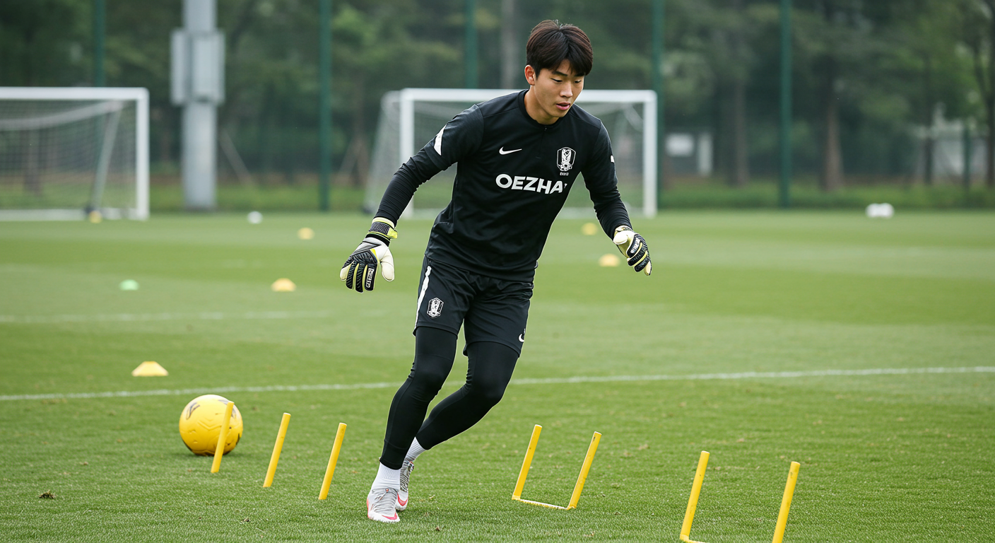 활기찬 축구장에서 훈련 중인 젊은 골키퍼의 모습