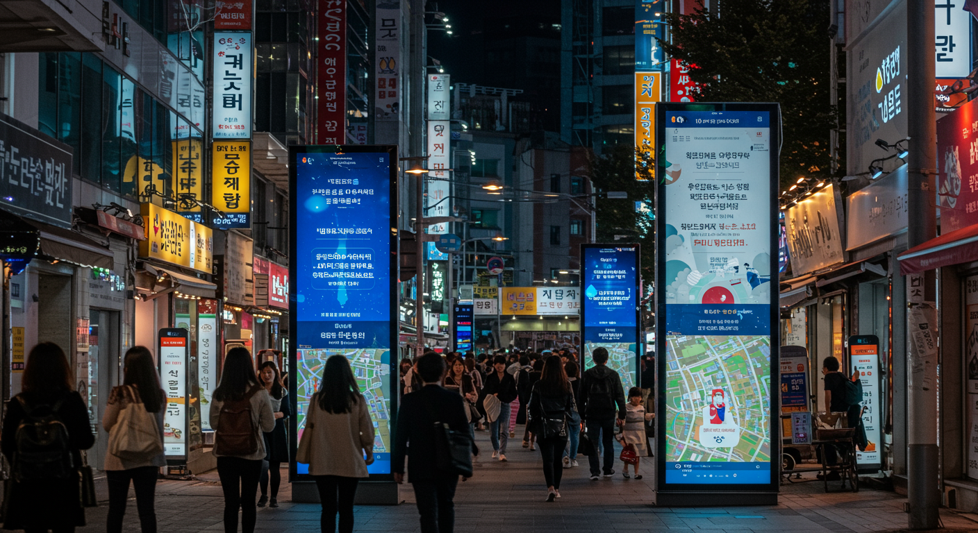 서울 거리에서 스마트폰으로 실시간 번역 앱을 사용하는 사람들