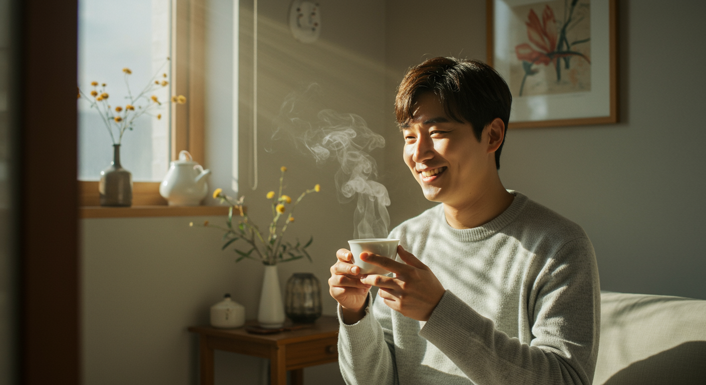 아늑한 아파트에서 차 한 잔을 즐기며 미소 짓는 남성