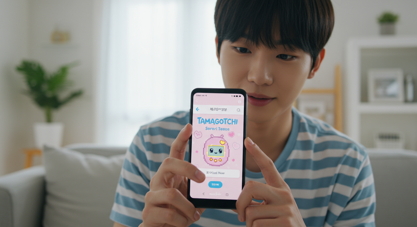 한국인이 안드로이드 폰에서 카카오톡 테마샵을 통해 다마고치 소로리 테마를 다운로드하고 있는 모습