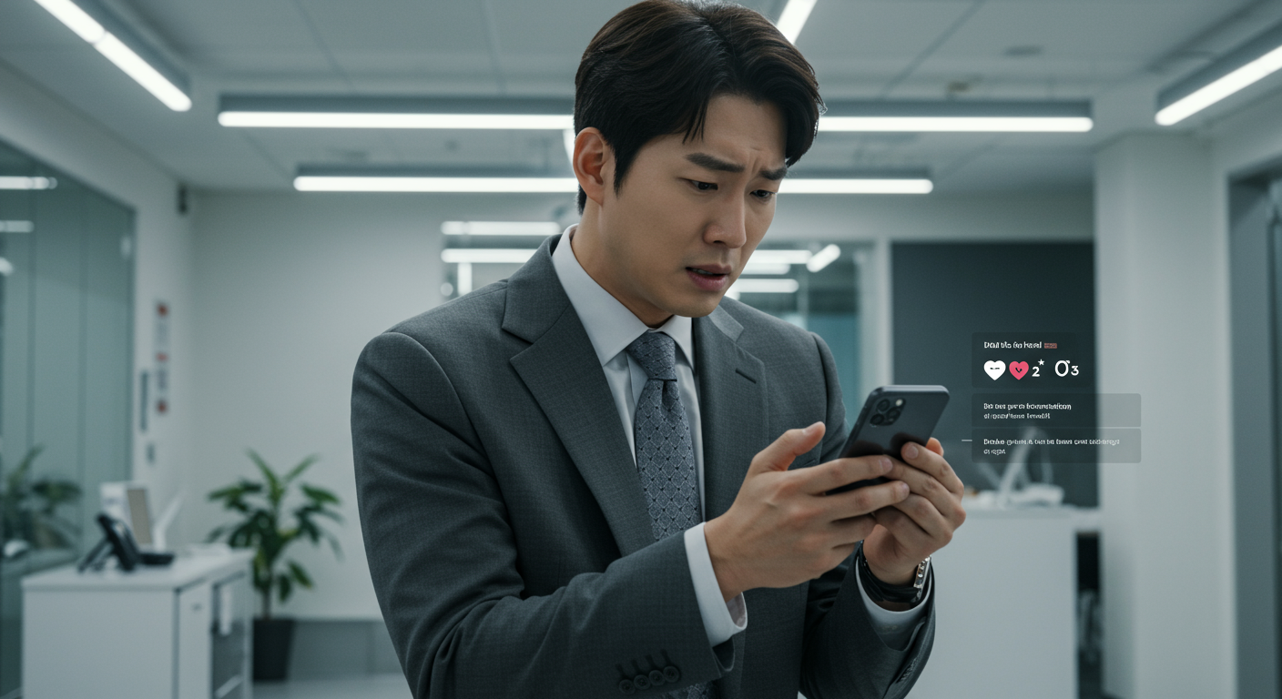 사무실에서 스마트폰으로 개인 맞춤형 건강 추천을 보는 직장인의 모습