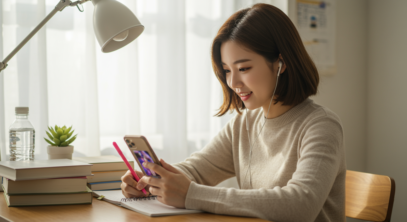 스마트폰으로 음악 영상을 시청하며 메모하는 학생
