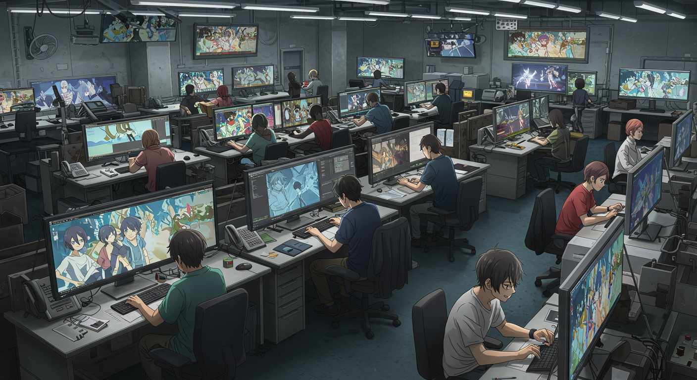 세계 각국의 풍경이 디스플레이된 A-1 Pictures 스튜디오에서 작업 중인 애니메이터들