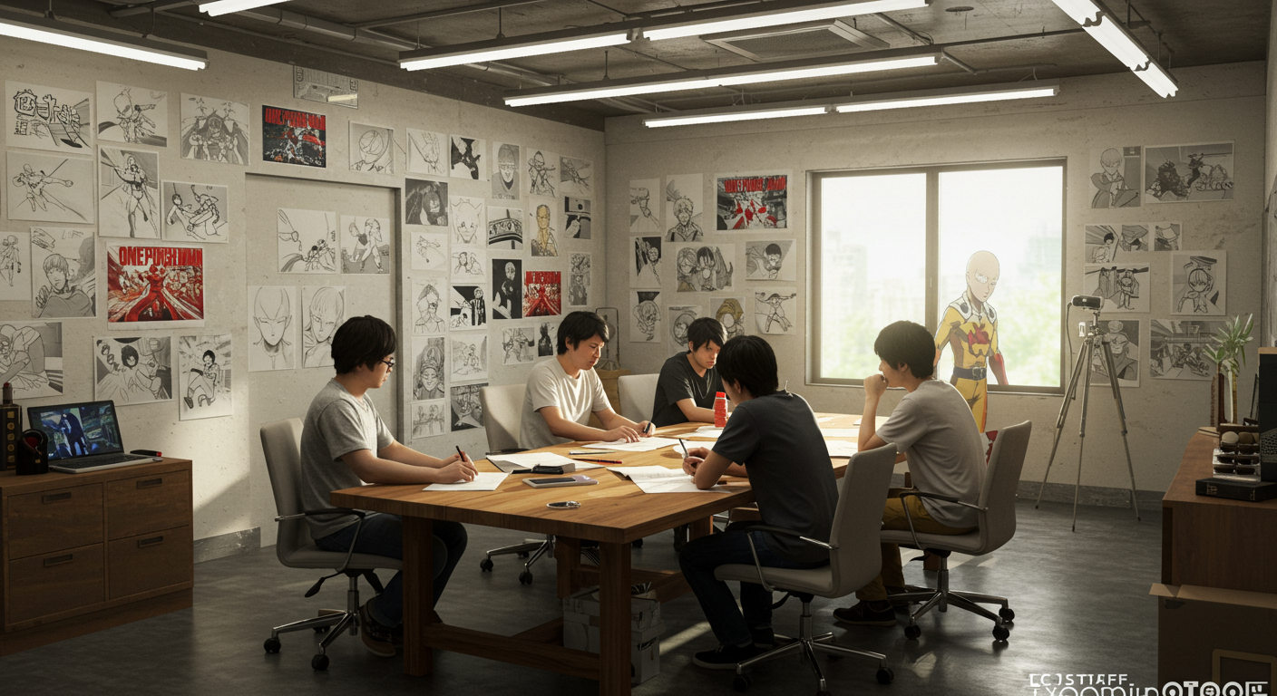 JC.STAFF 스튜디오에서 팀원이 원펀맨 스케치와 스토리보드를 보며 회의하는 장면