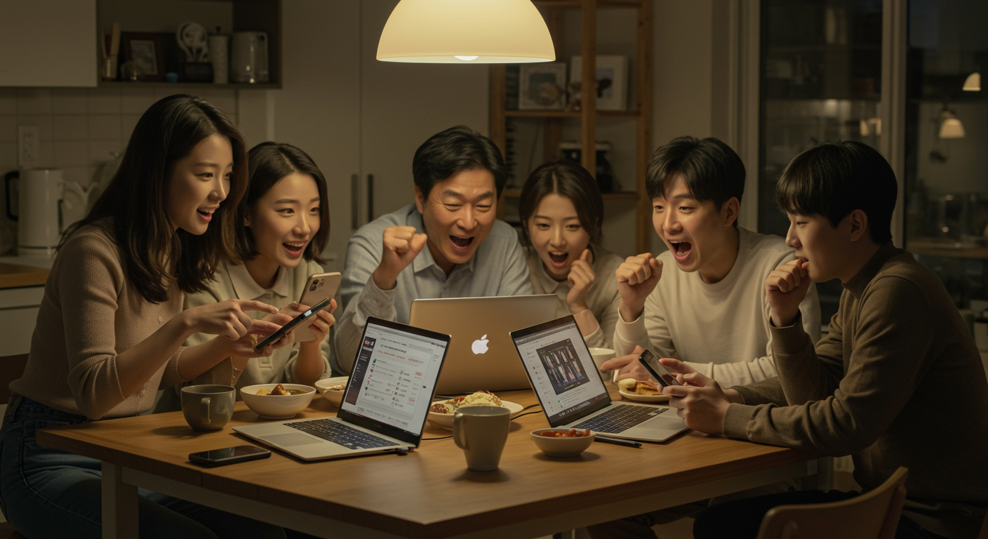 식탁에 모여 각종 기기로 시청 계획을 세우는 현대 한국 가족의 모습