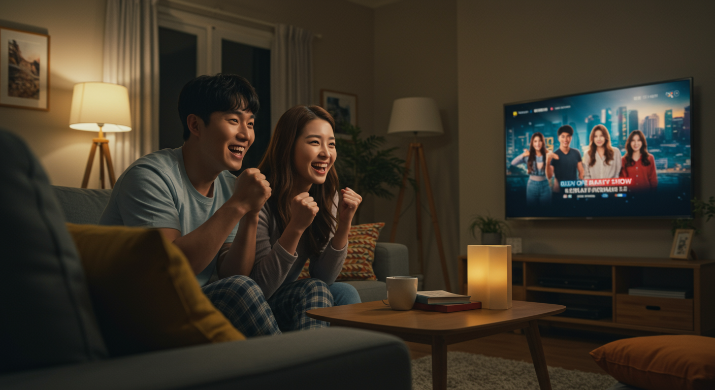 젊은 커플이 새로운 리얼리티 쇼 시즌을 기대하며 거실에서 TV를 보는 모습