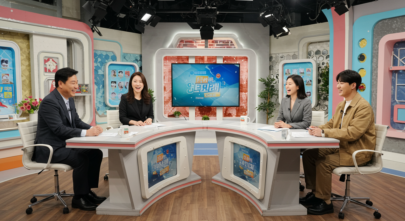 네 명의 다양한 MC들이 활발하게 토론하는 한국 TV 쇼 세트장 모습
