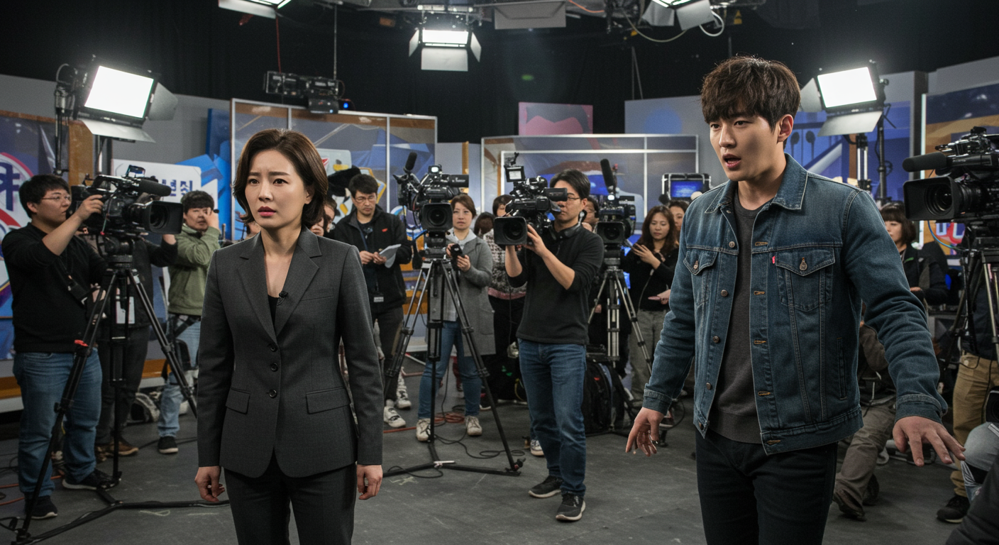 미디어 주목에 지친 톱스타와 진실 추구에 열정적인 기자가 있는 TV 스튜디오