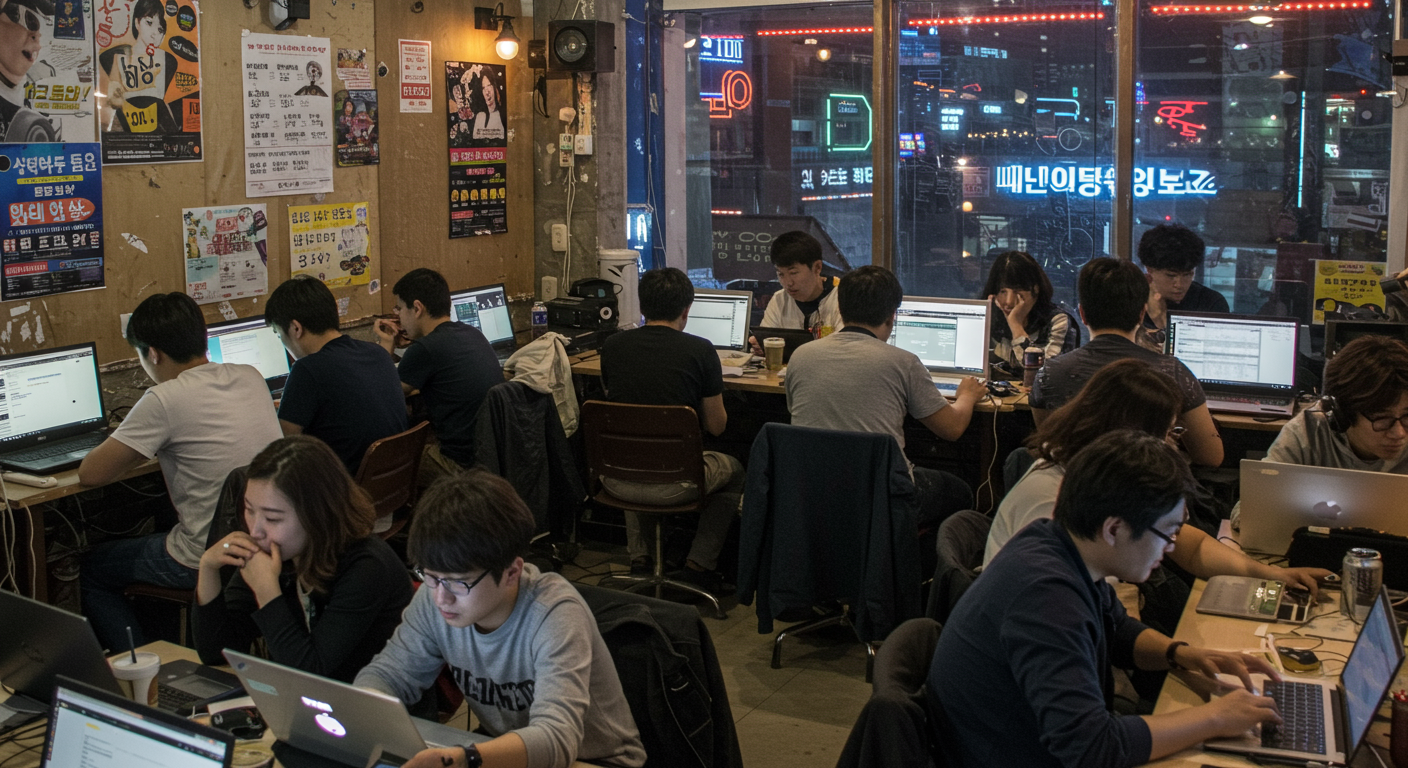 서울의 인터넷 카페에서 사람들이 스크린에 집중하며 화제를 논하는 장면