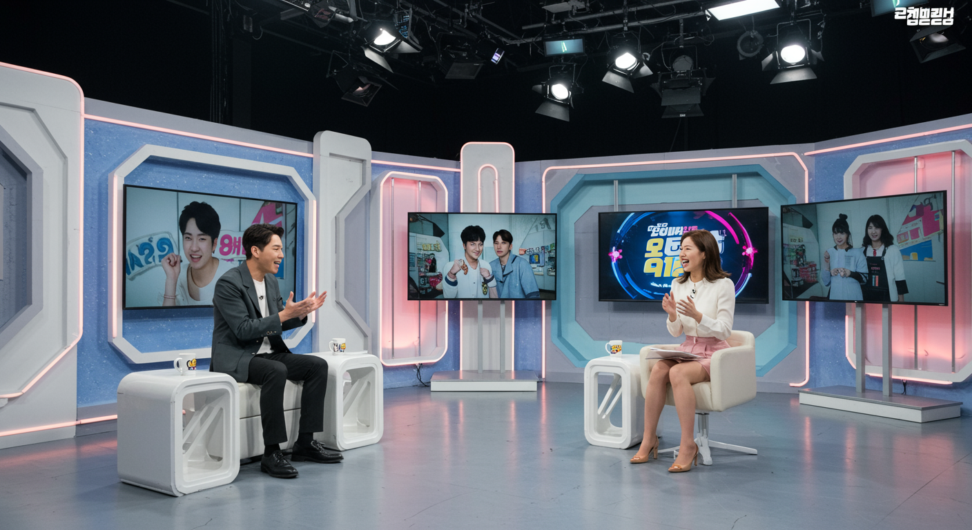 인기 있는 연애 리얼리티 쇼를 다루는 스튜디오의 활기찬 분위기