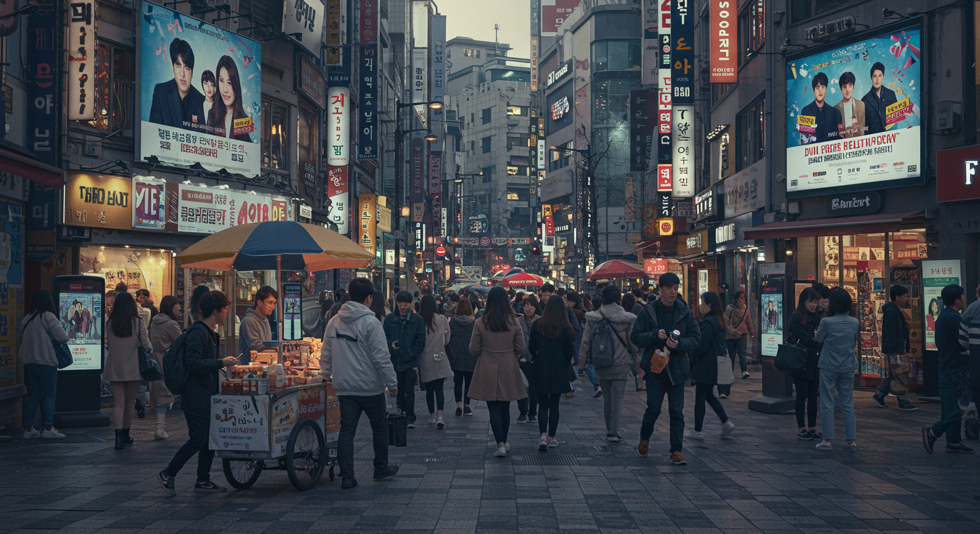 서울 거리에서 연애 프로그램 홍보 포스터와 디지털 화면을 보고 있는 사람들