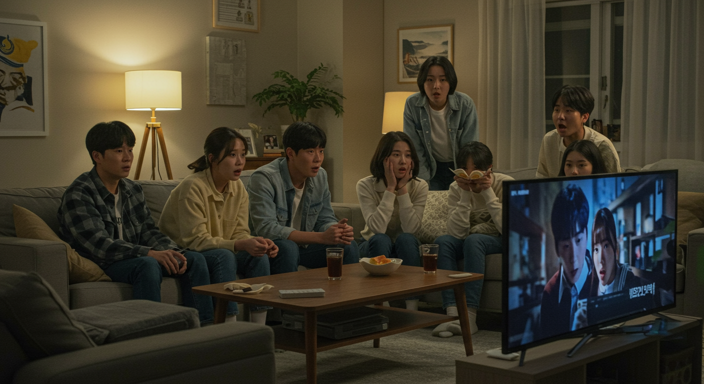 긴장감 넘치는 순간을 TV로 시청하는 젊은이들의 모습