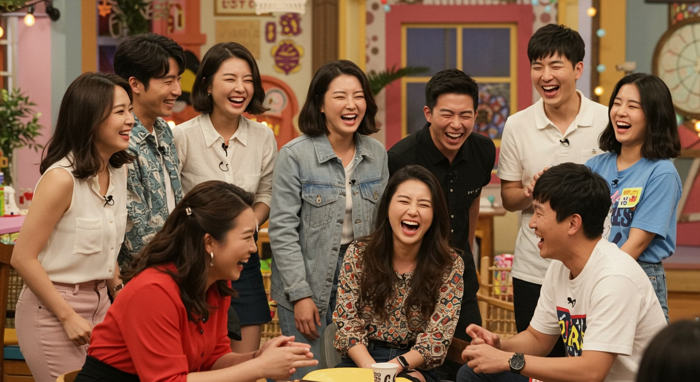 촬영장에서 즐겁게 소통하는 진행자들과 참가자들