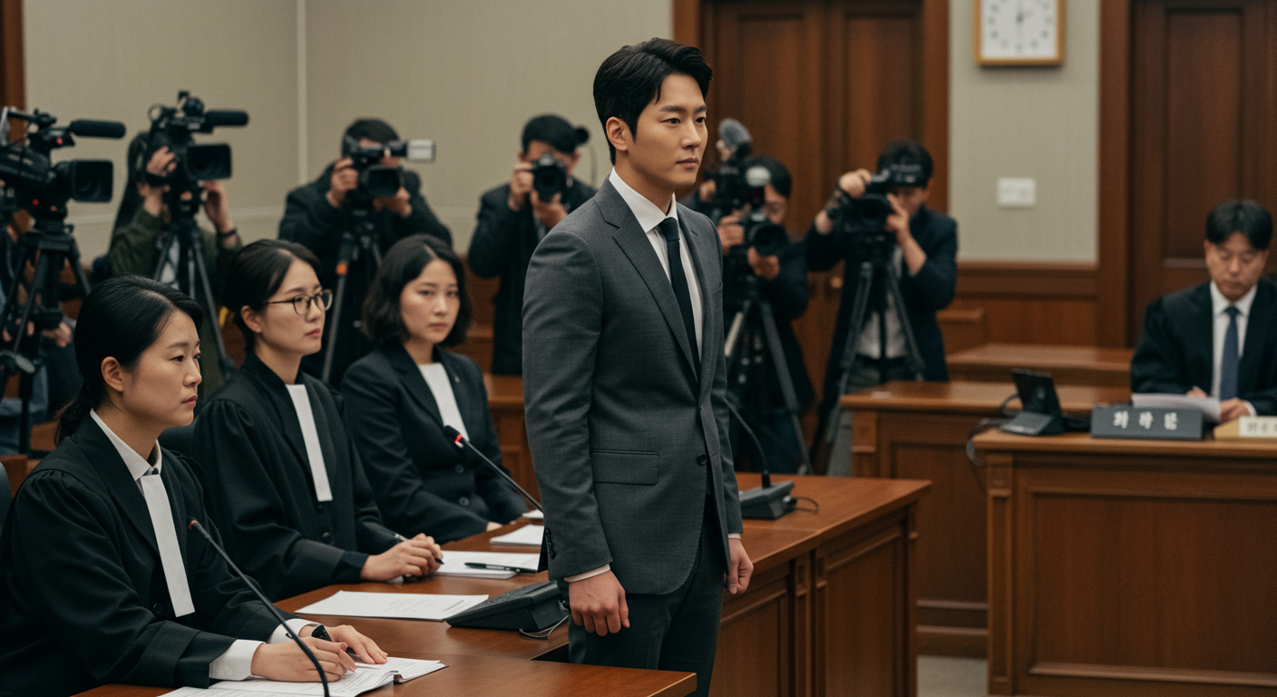 한국 배우가 법정에 서서 변호인과 함께 있는 모습
