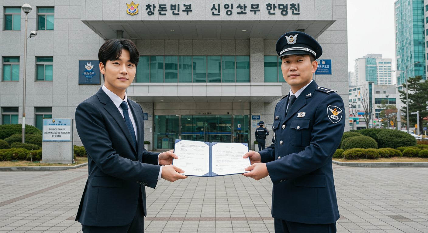 강남경찰서 앞에서 연예 기획사가 고소장을 제출하는 장면