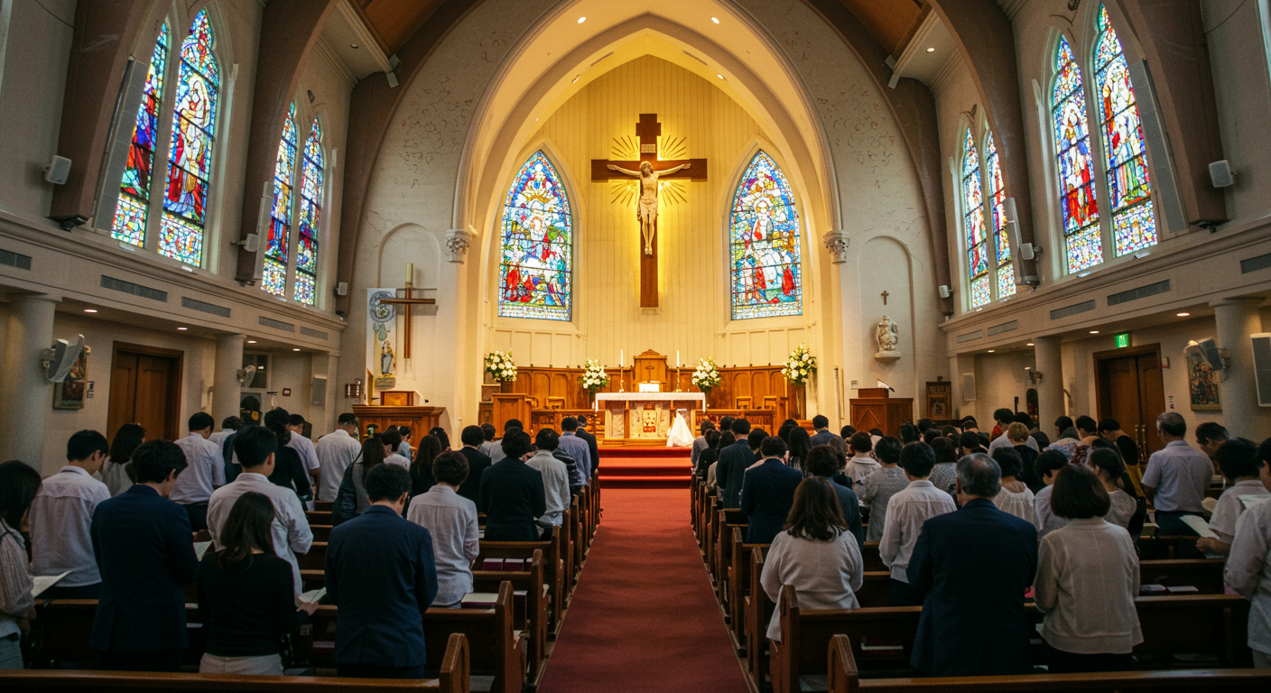다양한 교단의 신자들이 함께 기도하는 한국 교회의 내부 모습