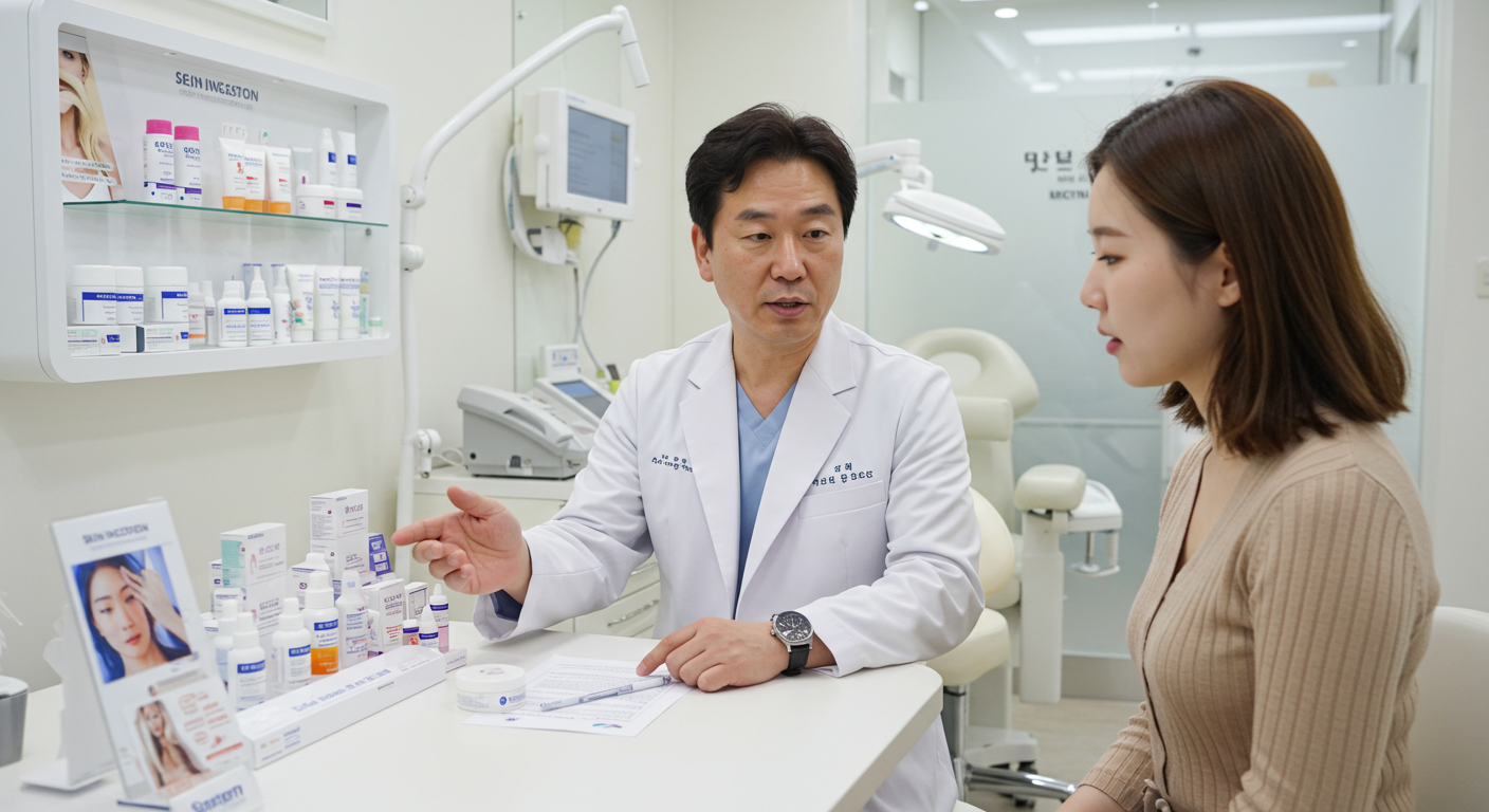 현대적인 진료실에서 피부 감염 치료에 대해 상담하는 피부과 전문의