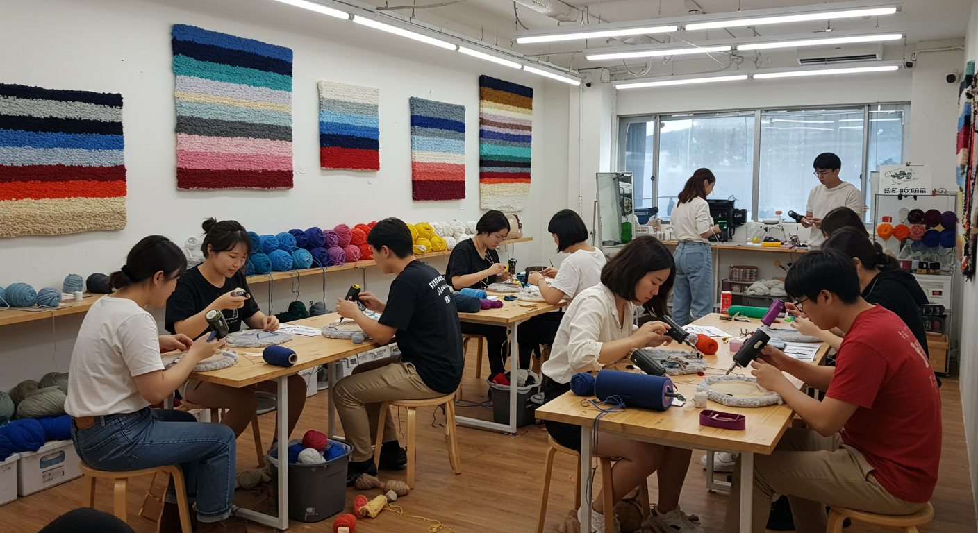 젊은 사람들이 트렌디한 스튜디오에서 터프팅 워크숍에 참석하고 완성 작품이 벽에 전시된 모습