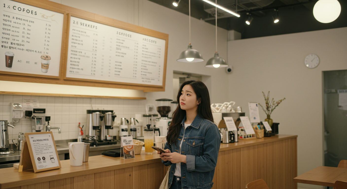 커피숍에서 음료 주문 시 온스와 ml 단위로 된 메뉴판을 보며 혼란스러워하는 고객
