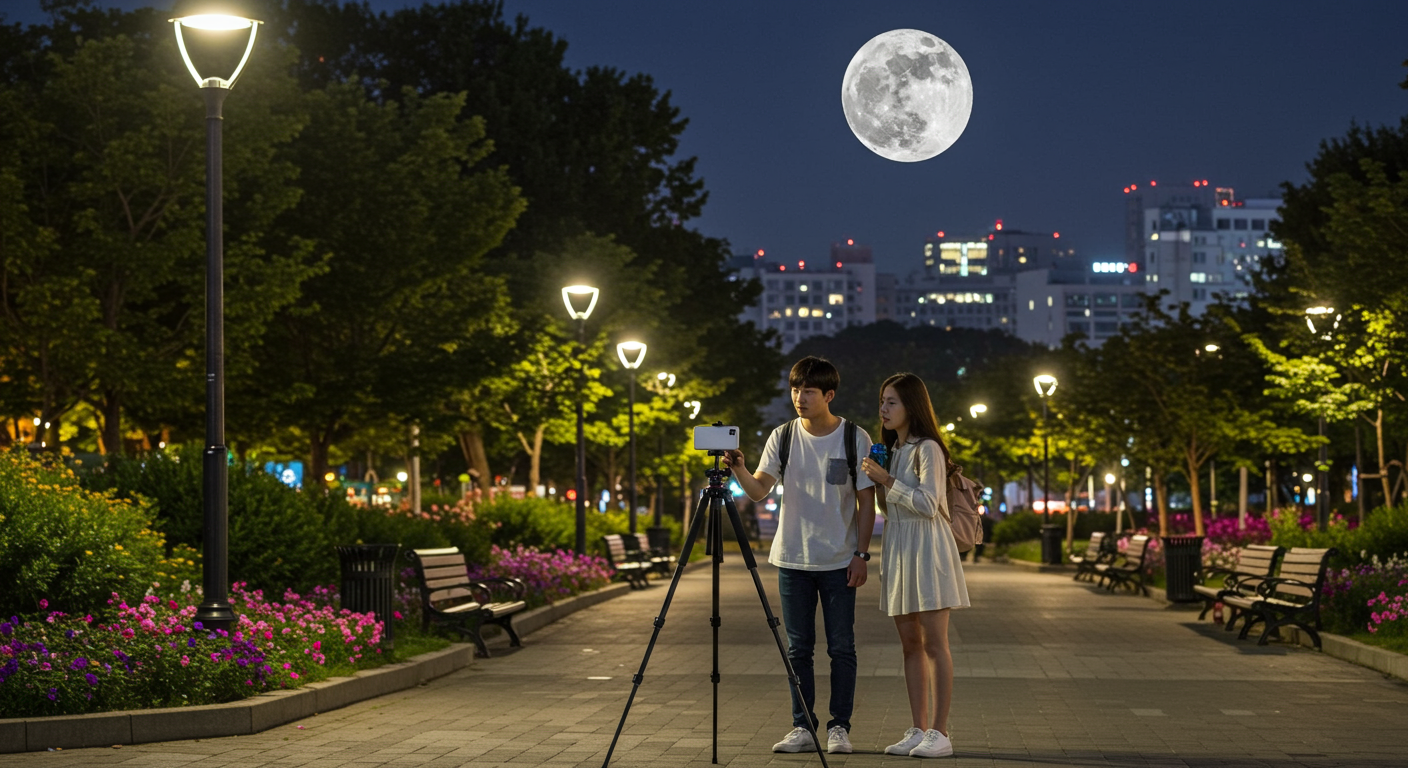 도심 공원에서 삼각대를 이용해 스마트폰으로 슈퍼문을 촬영하는 젊은 커플