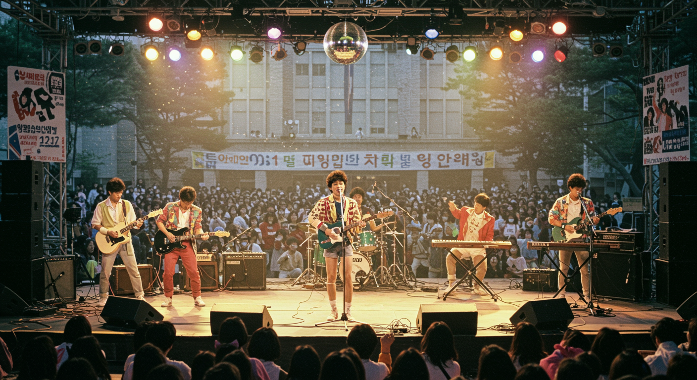 1980년대 캠퍼스 밴드 건아들이 무대에서 공연하는 모습