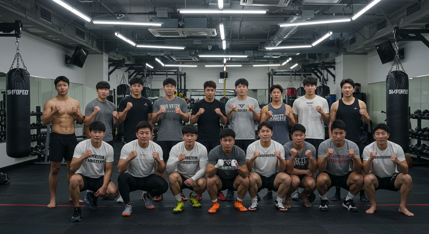 여러 스포츠 분야에서 활약하는 한국 선수들이 체육관에서 포즈를 취하는 장면