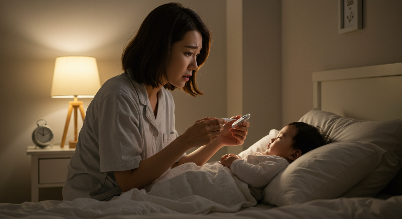 밤중에 아기의 열을 재는 엄마의 모습